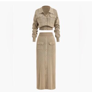 MICAS Cropped Button-Up Knit Top And Maxi Skirt Set